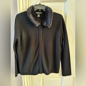 Norton McNaughton Black Cardigan with Faux Fur Trim